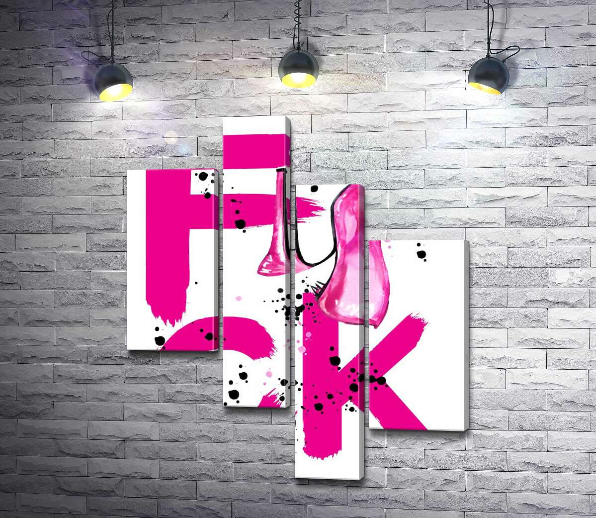 модульная картина Туфля повисла на розовом слове "fuck" (Модуль №21)