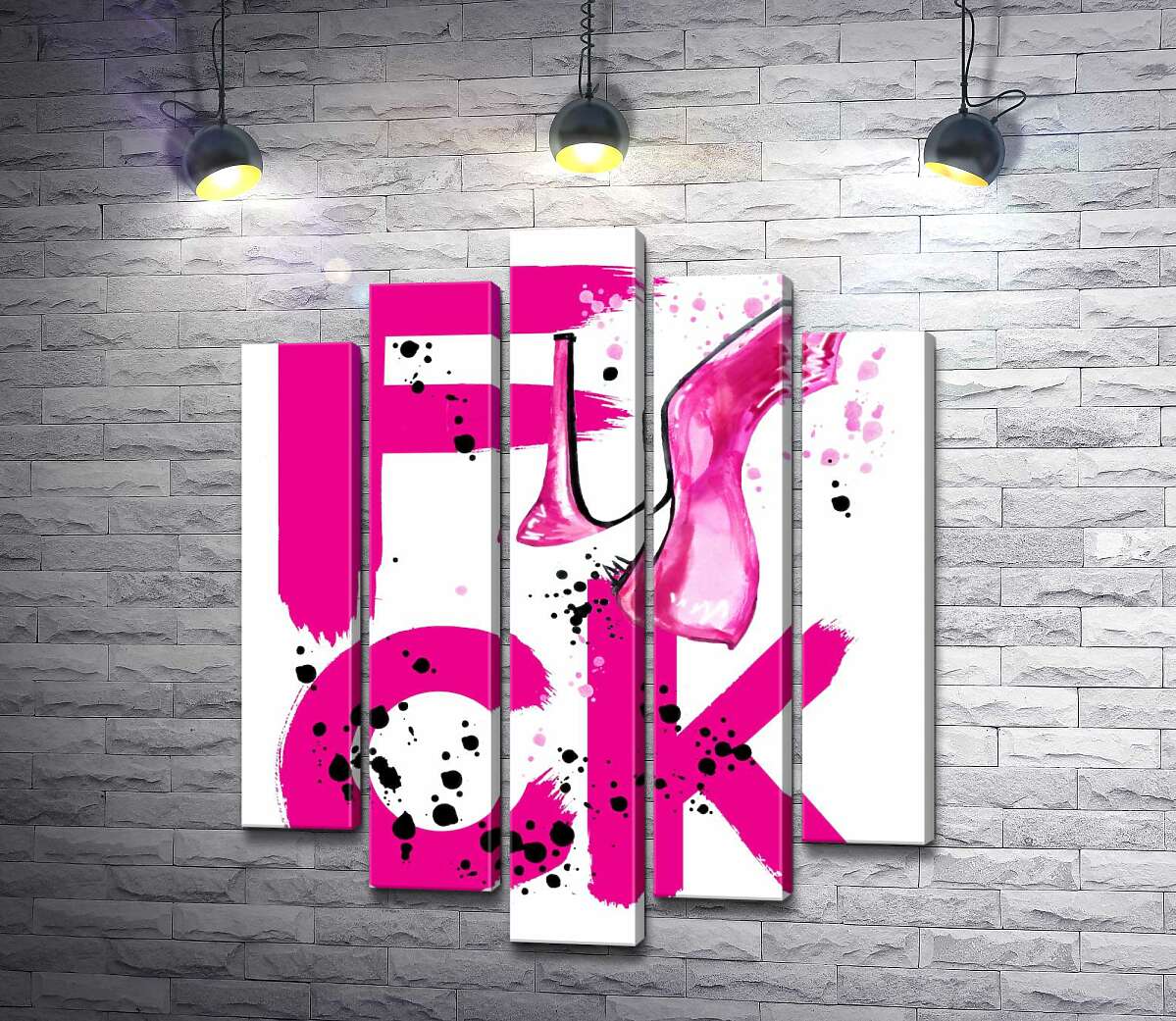модульная картина Туфля повисла на розовом слове "fuck" (Модуль №4)