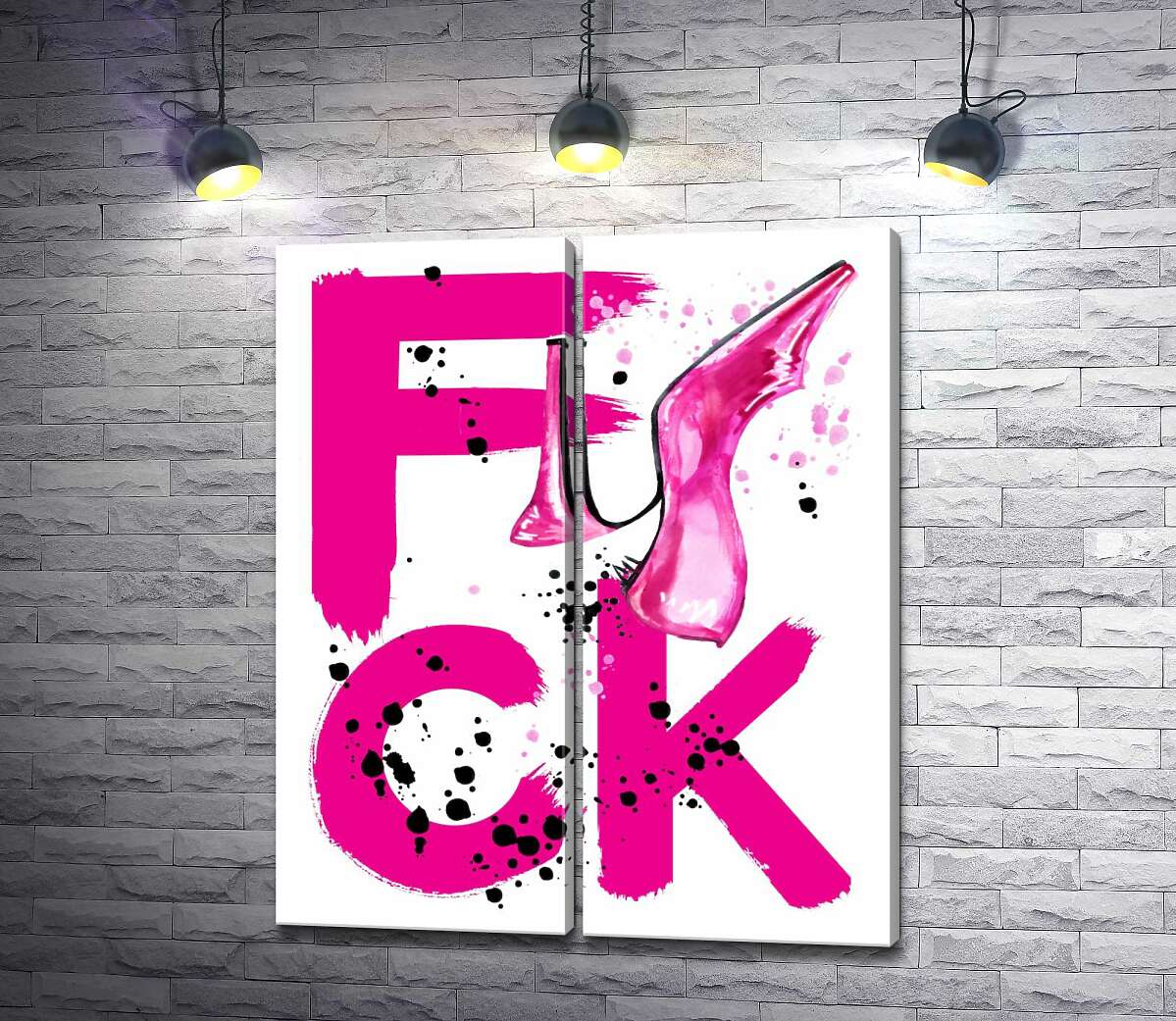 модульная картина Туфля повисла на розовом слове "fuck"