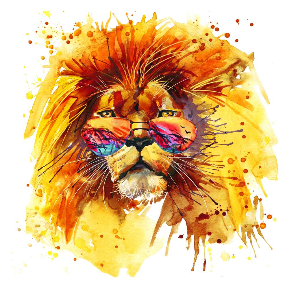 картина-постер Помаранчева грива лева в окулярах горить у променях тропічного сонця