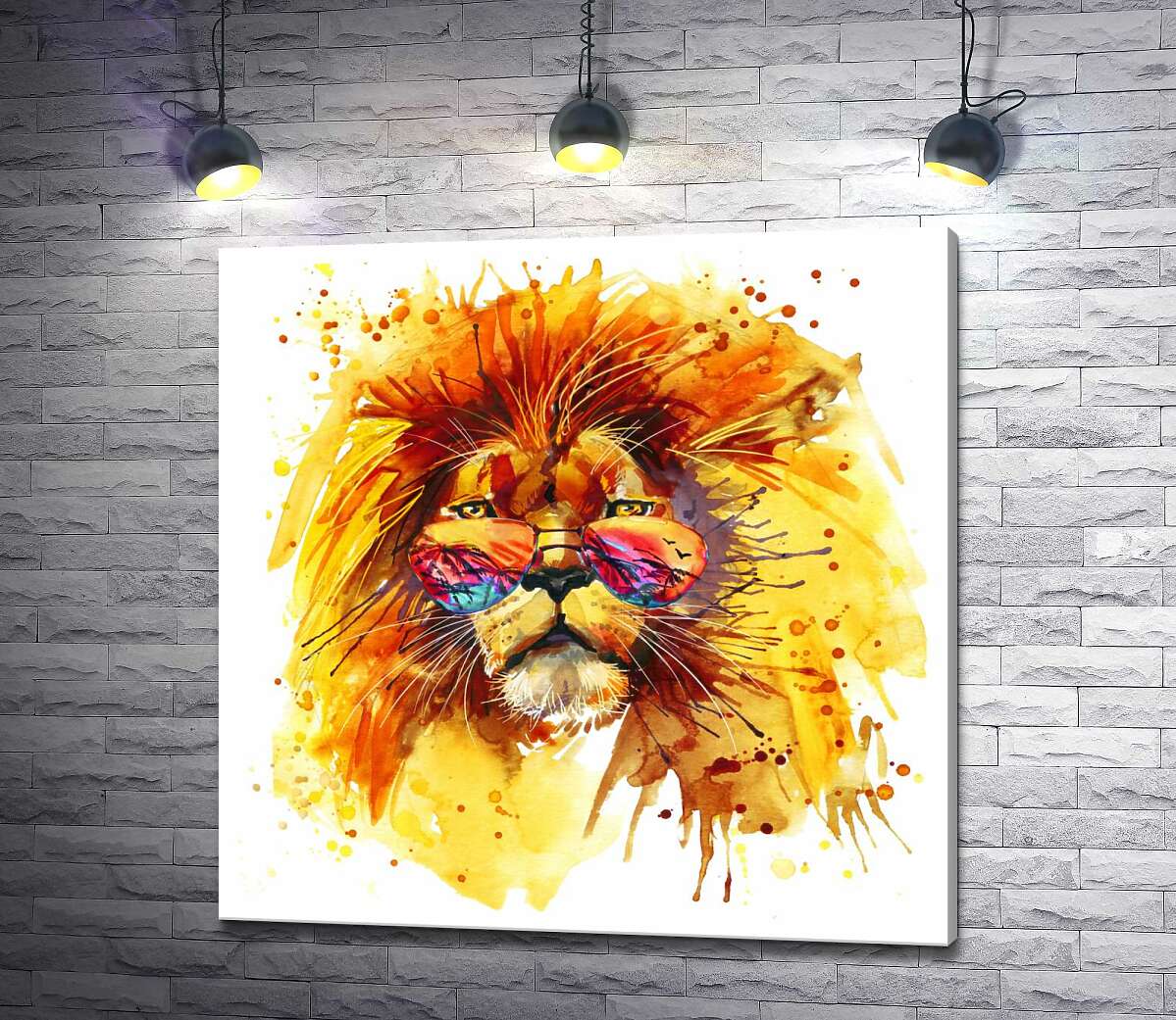 картина Помаранчева грива лева в окулярах горить у променях тропічного сонця