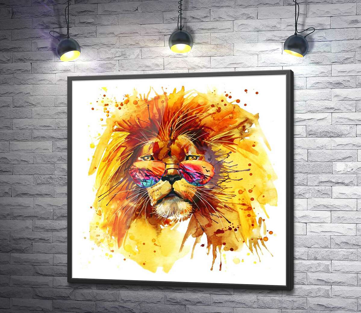 постер Оранжевая грива льва в очках горит в лучах тропического солнца