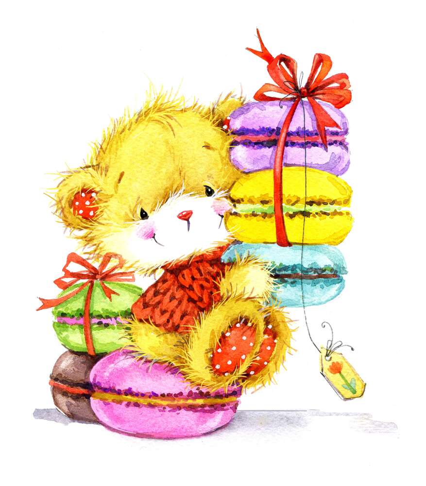 картина-постер Пушистый медведь среди цветного разнообразия пирожных макаронов