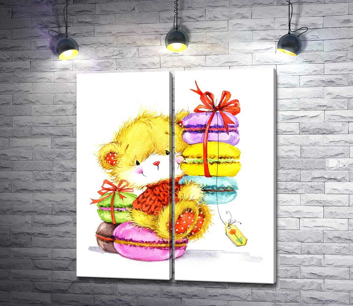 модульная картина Пушистый медведь среди цветного разнообразия пирожных макаронов