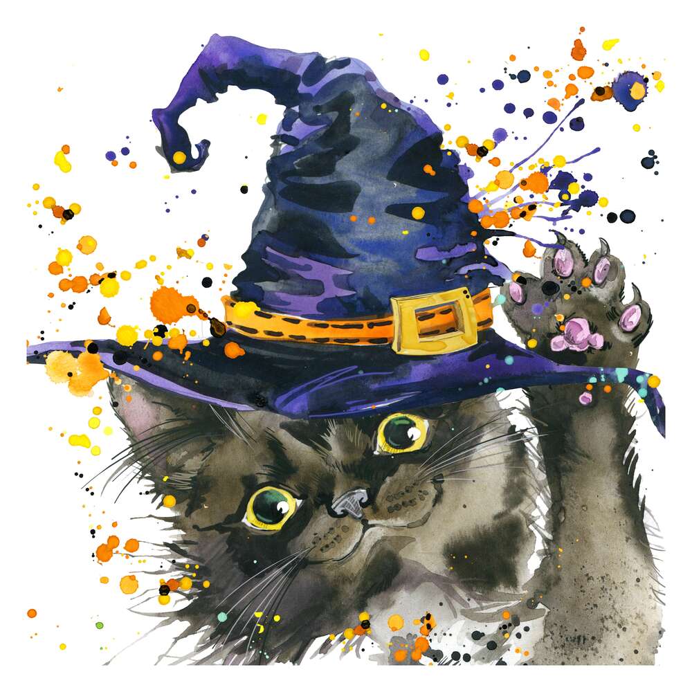 картина-постер Черная кошка ведьма в синей шляпе тянет лапу вверх