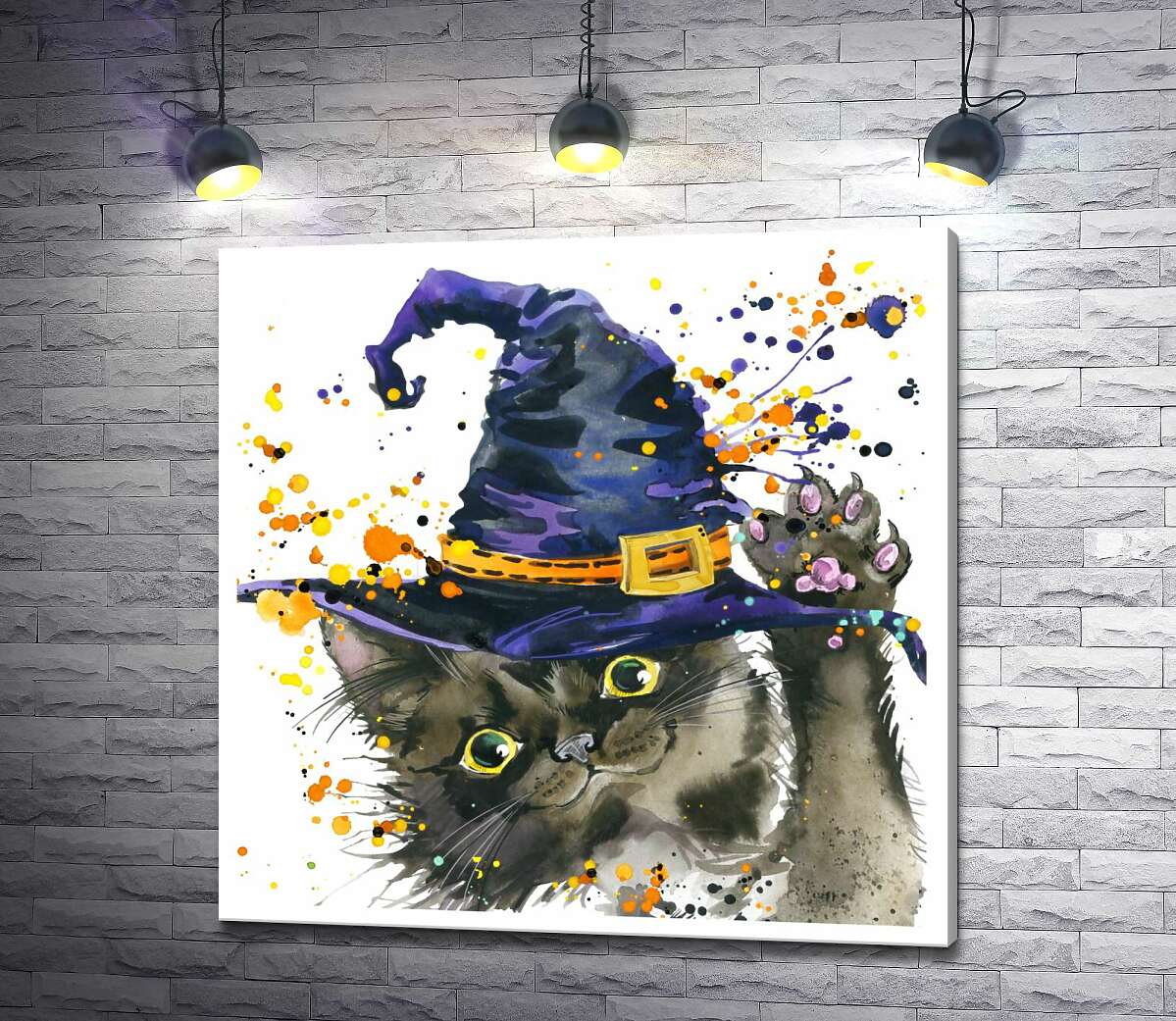картина Черная кошка ведьма в синей шляпе тянет лапу вверх