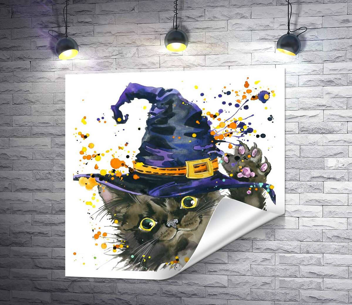 печать Черная кошка ведьма в синей шляпе тянет лапу вверх