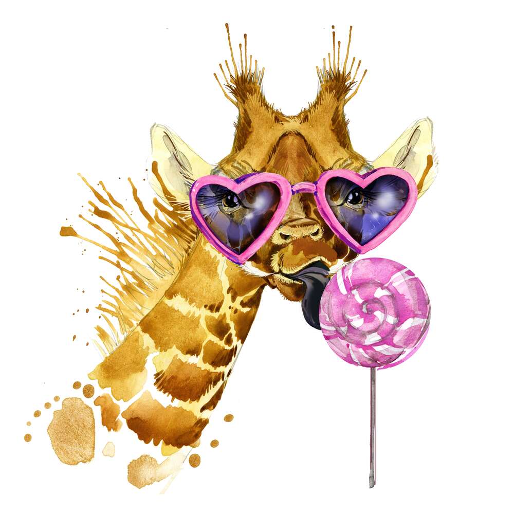 картина-постер Жирафа в окулярах лиже рожевий льодяник