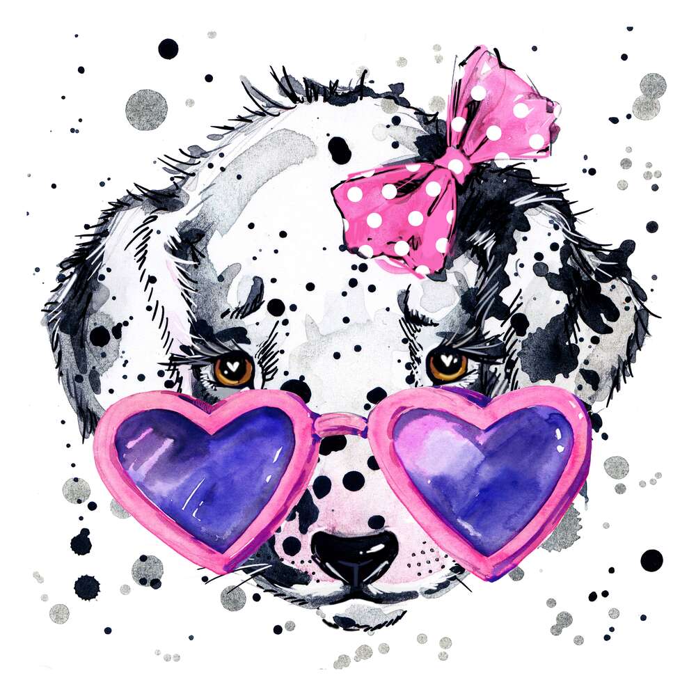 картина-постер Милая собака далматинец с бантиком и очками