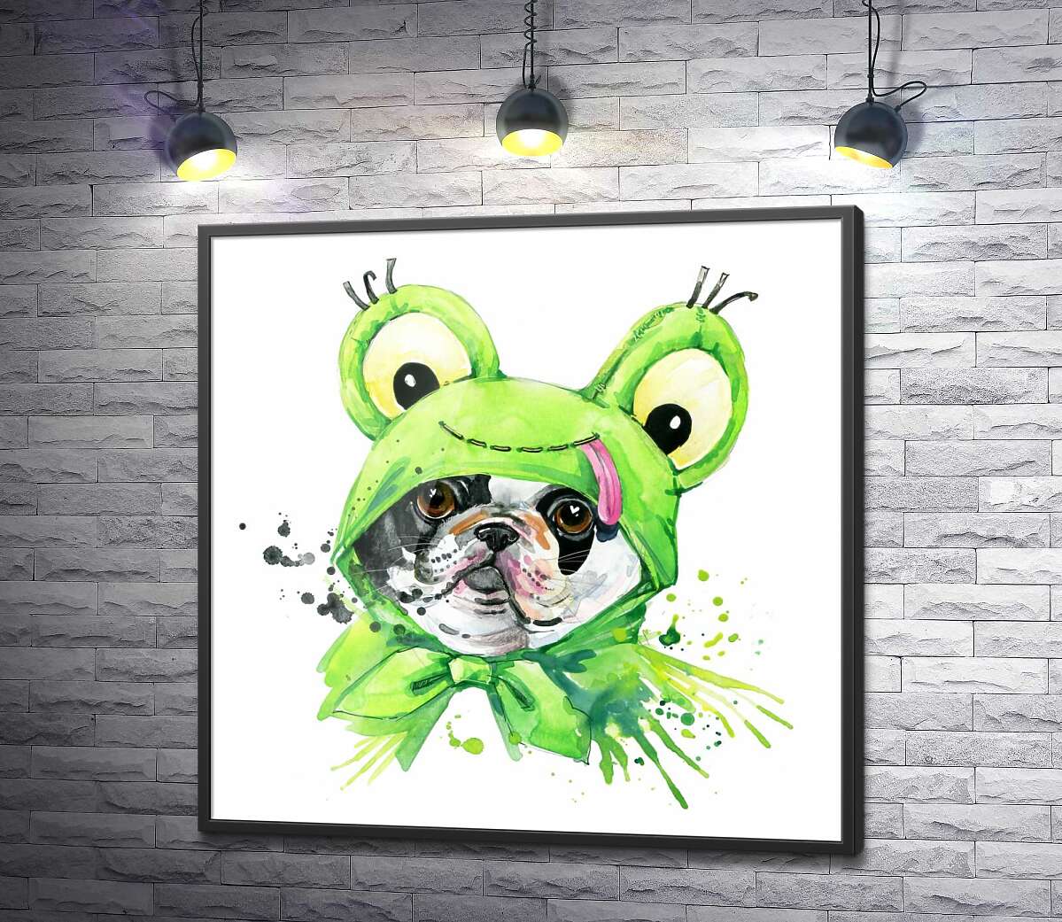 постер Плямистий мопс в костюмі жаби