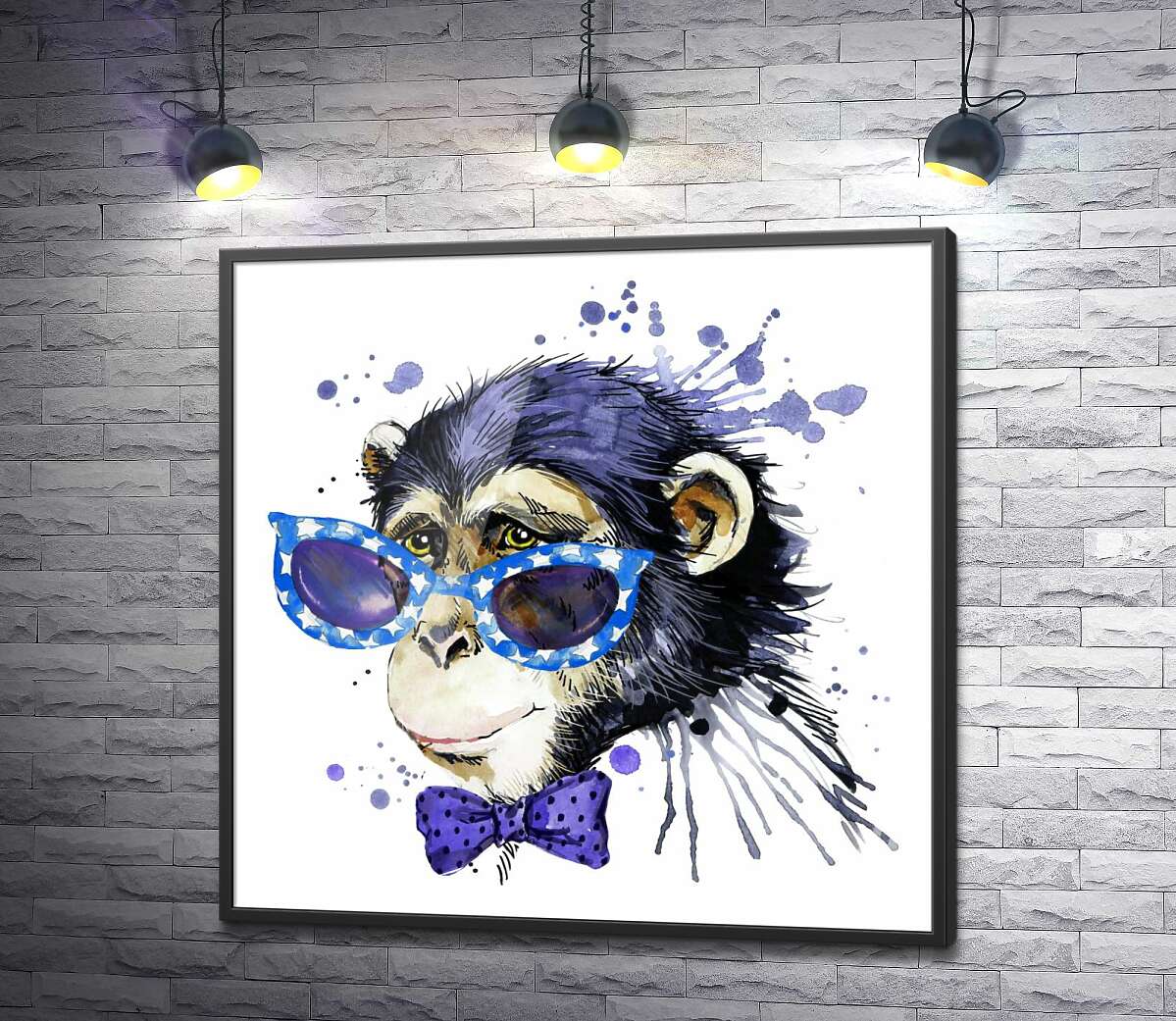 постер Силует мавпи в синіх окулярах та з метеликом