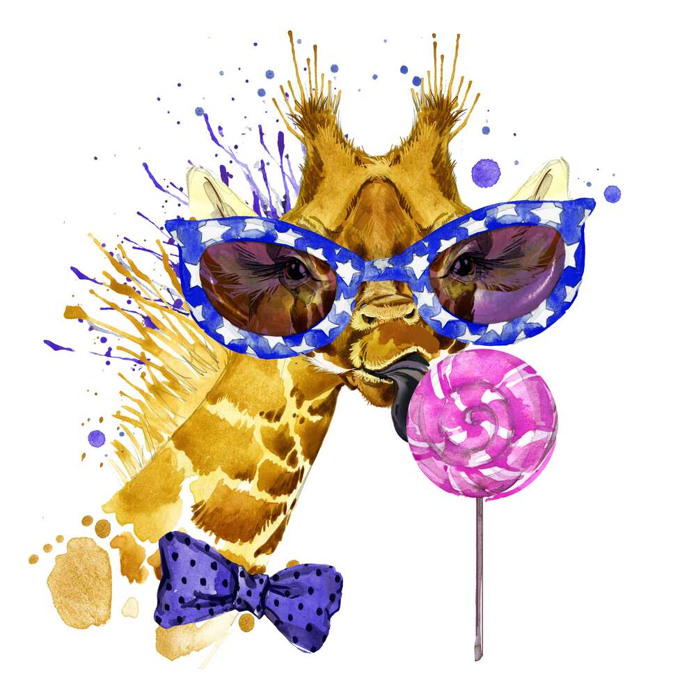 картина-постер Жираф в синих очках лижет розовый леденец