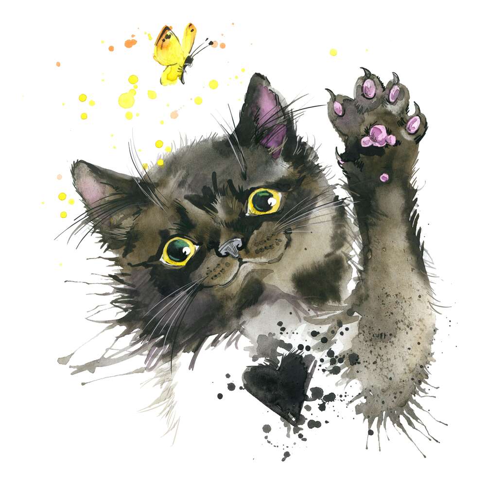картина-постер Черный кот ловит желтую бабочку