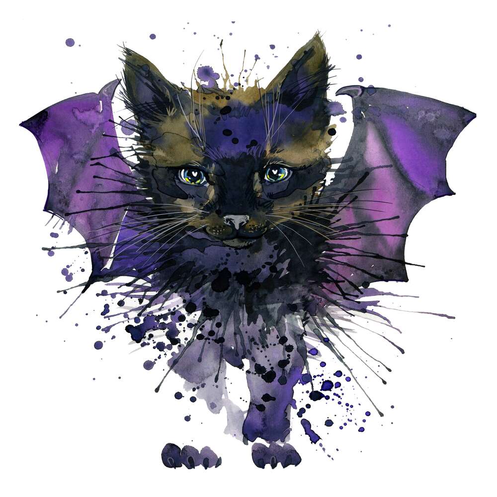 картина-постер Черный кот с крыльями летучей мыши