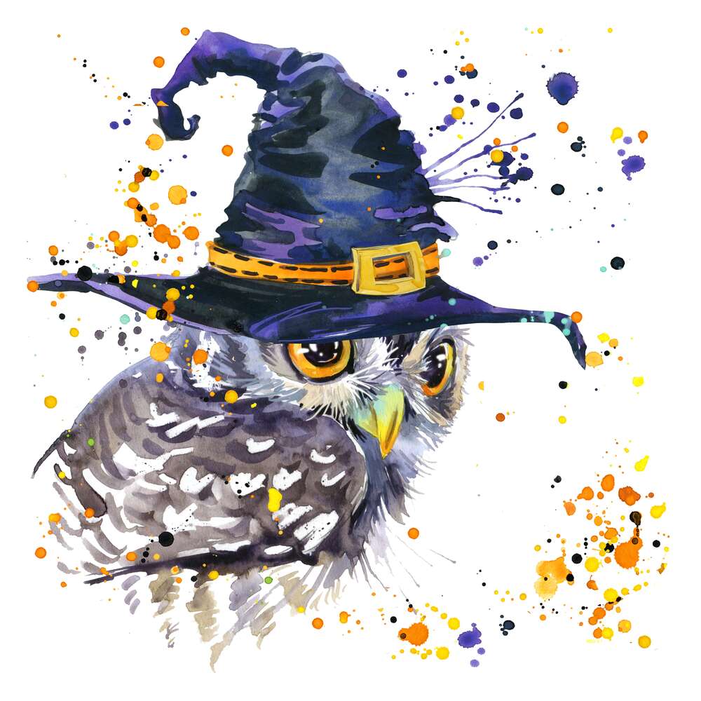 картина-постер Сова волшебница в синей шляпе