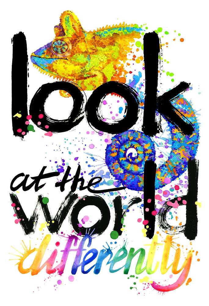 картина-постер Надпись "look at the world differently" с силуэтом хамелеона