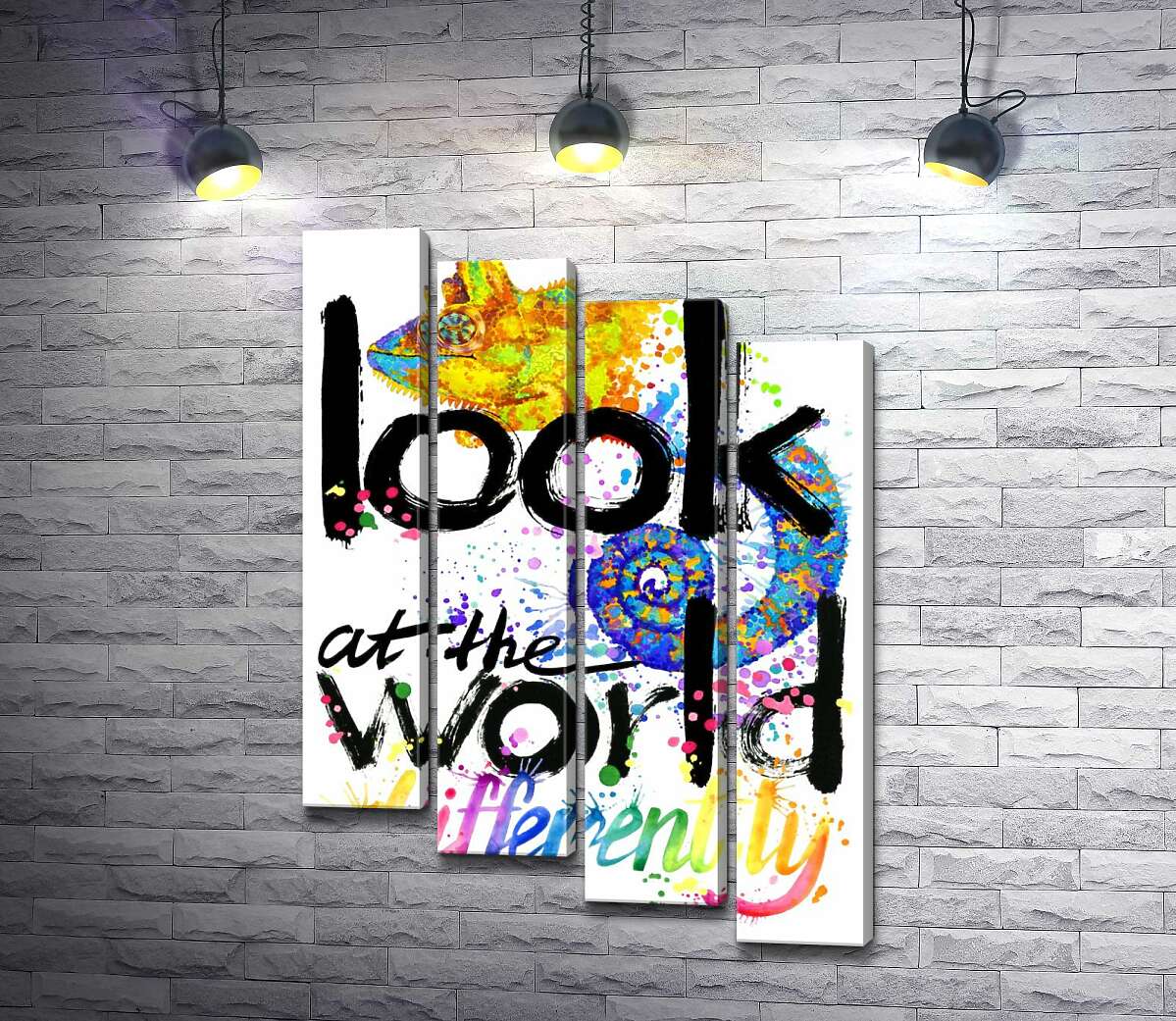 модульна картина Напис "look at the world differently" з силуетом хамелеона (Модуль №19)