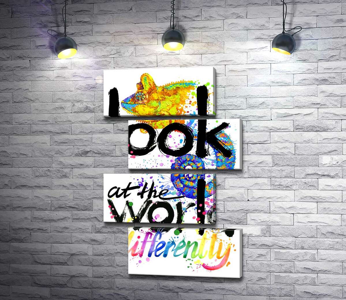 модульна картина Напис "look at the world differently" з силуетом хамелеона (Модуль №23)