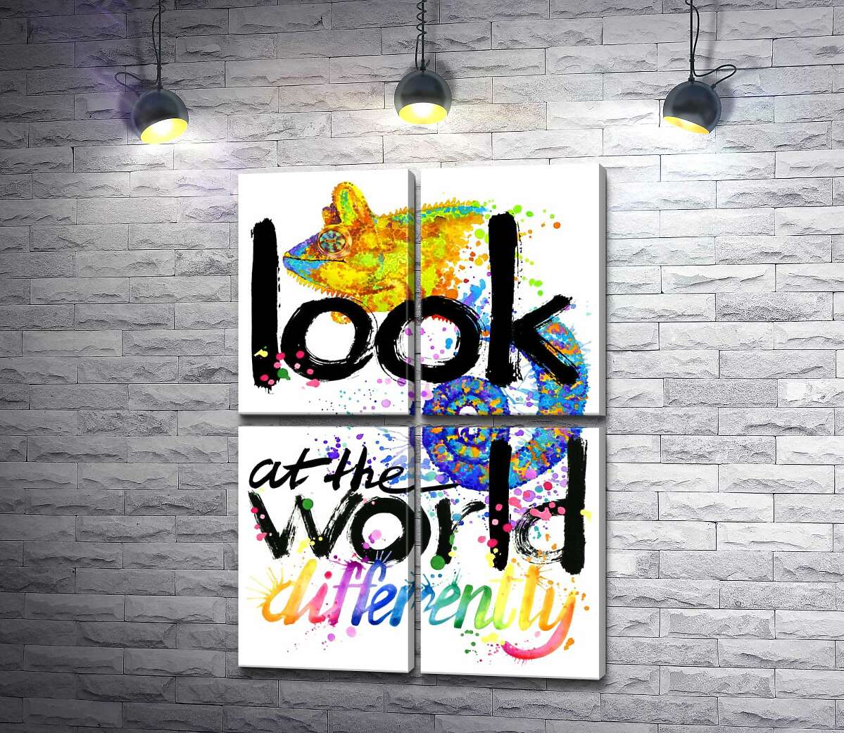 модульная картина Надпись "look at the world differently" с силуэтом хамелеона (Модуль №25)