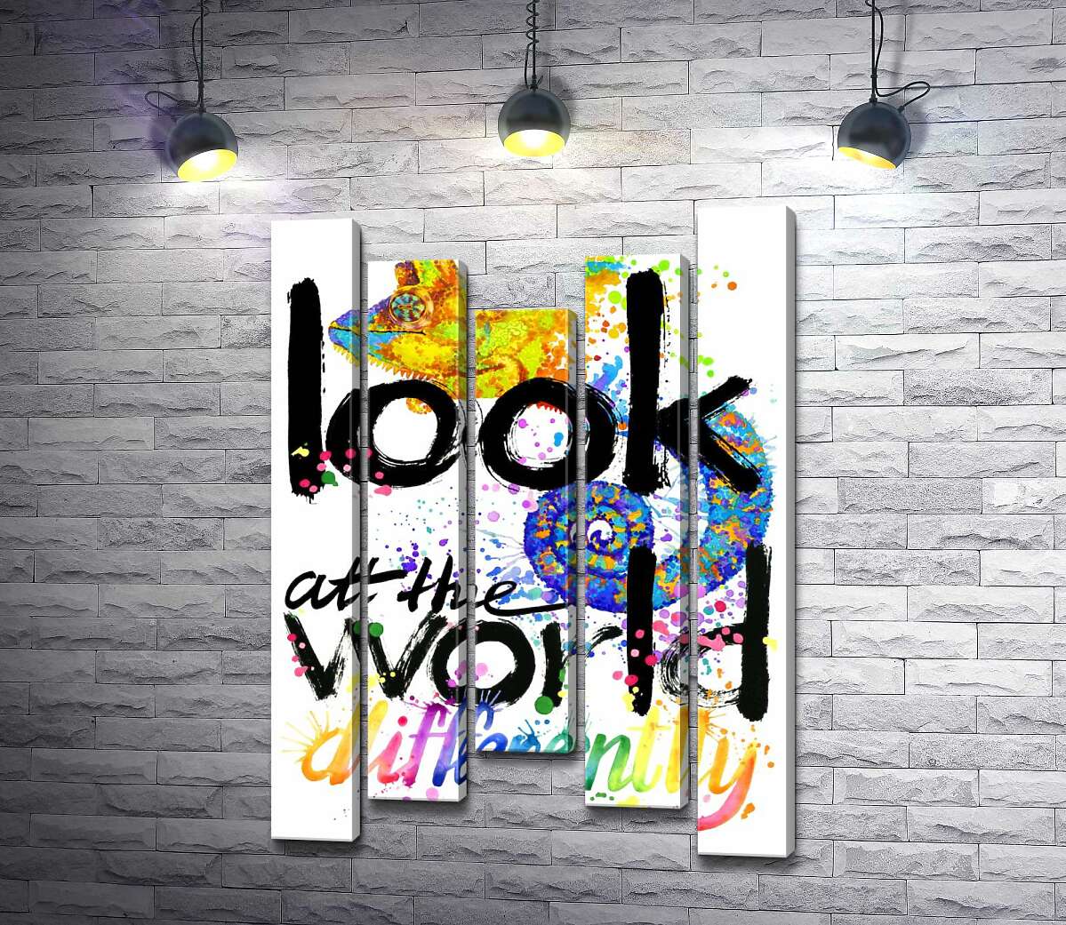 модульная картина Надпись "look at the world differently" с силуэтом хамелеона (Модуль №27)