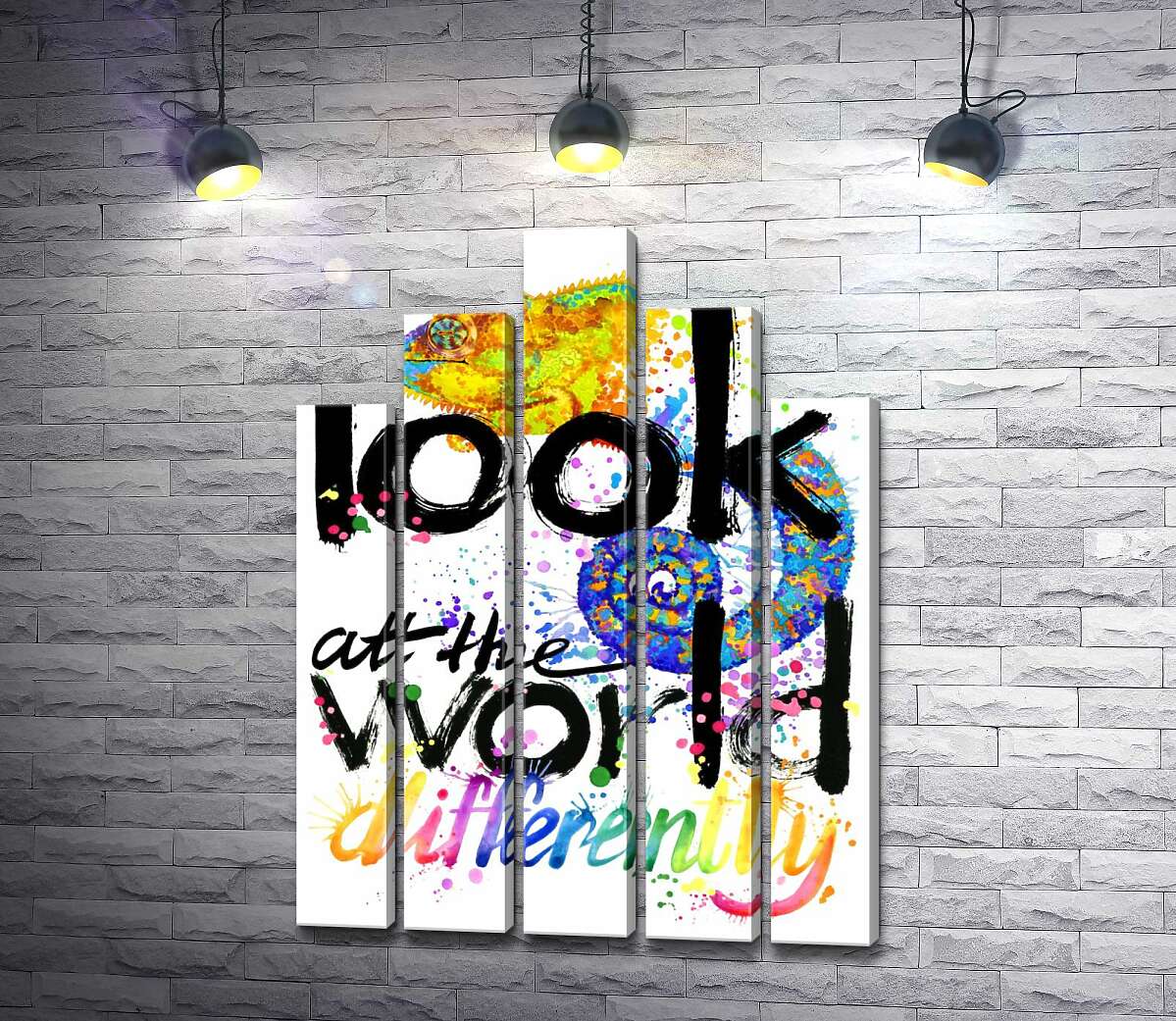 модульная картина Надпись "look at the world differently" с силуэтом хамелеона (Модуль №29)