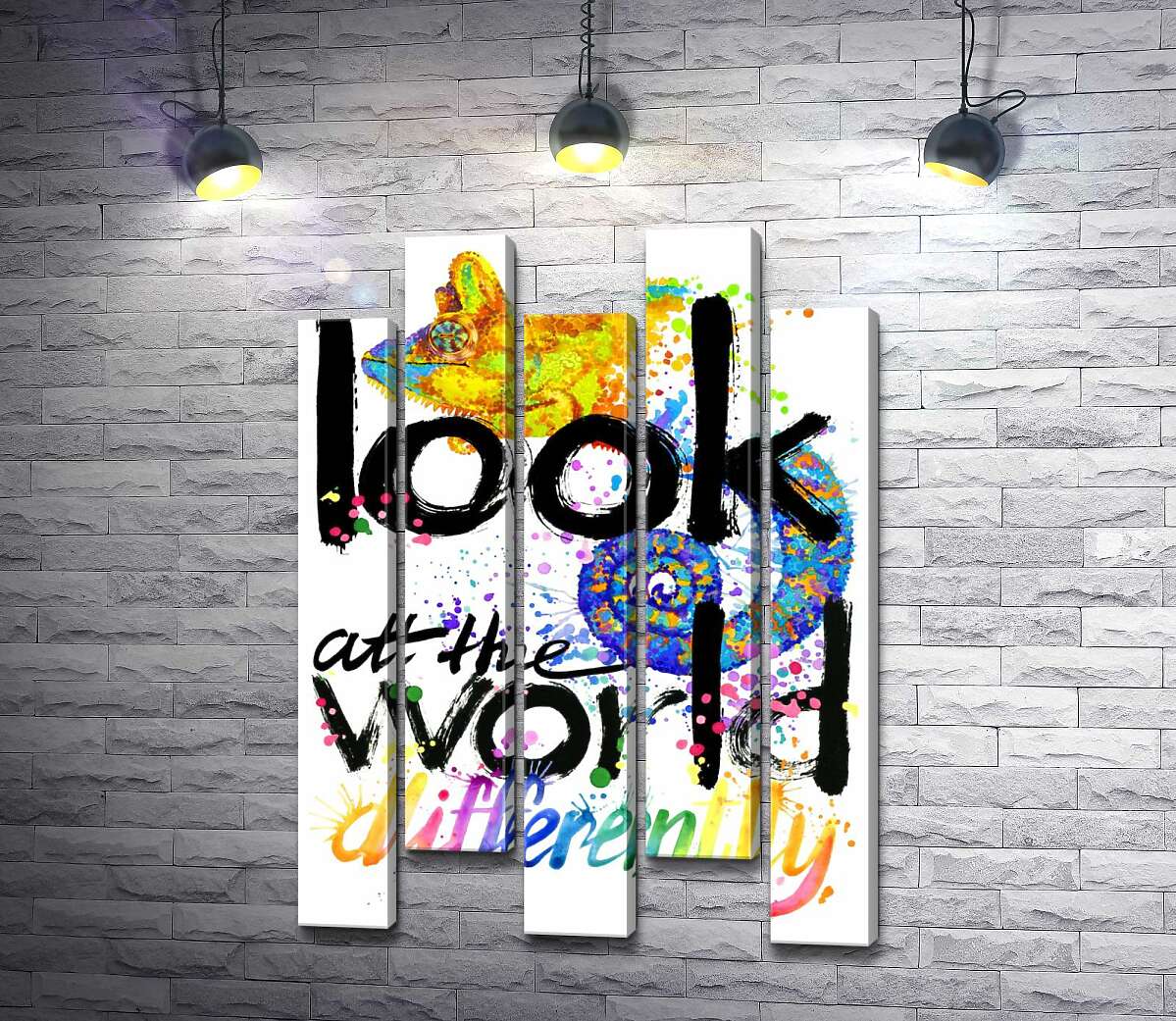 модульная картина Надпись "look at the world differently" с силуэтом хамелеона (Модуль №30)