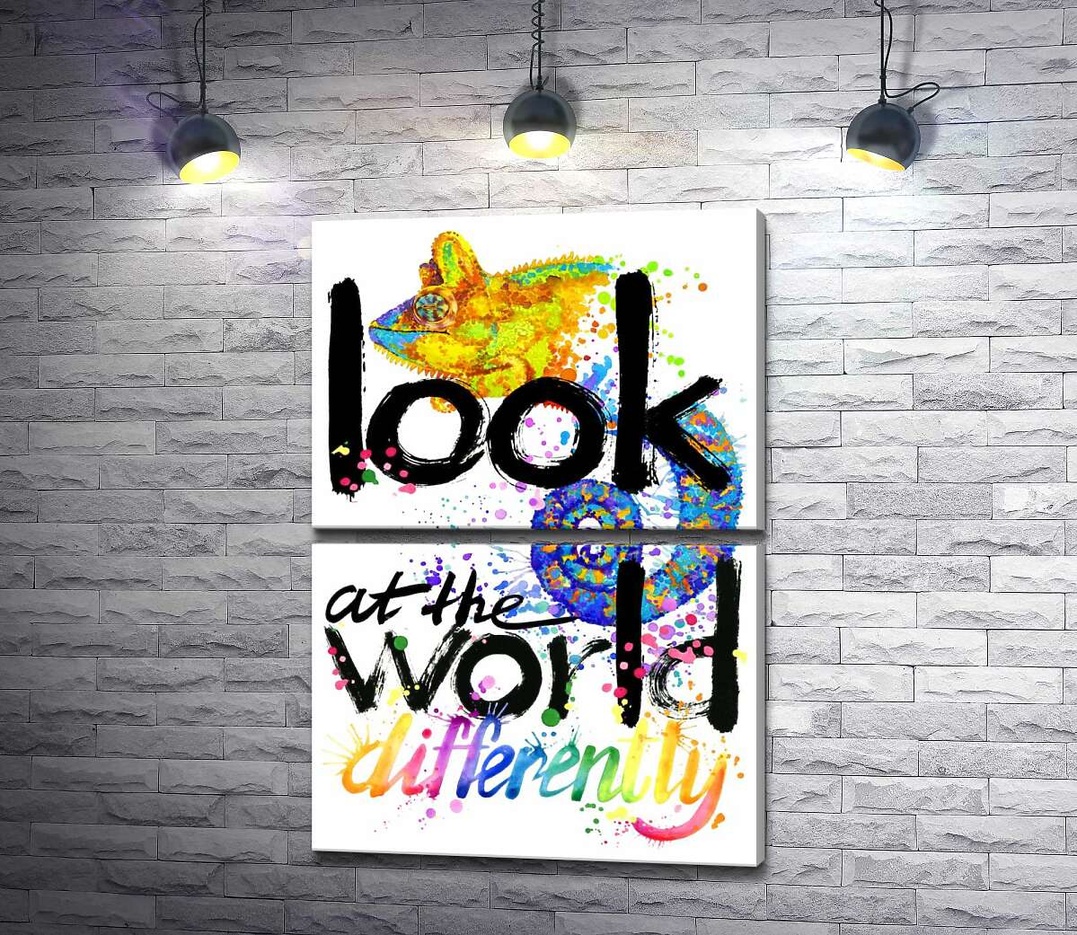 модульная картина Надпись "look at the world differently" с силуэтом хамелеона (Модуль №7)