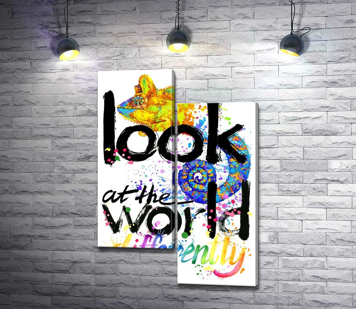 модульна картина Напис "look at the world differently" з силуетом хамелеона (Модуль №9)