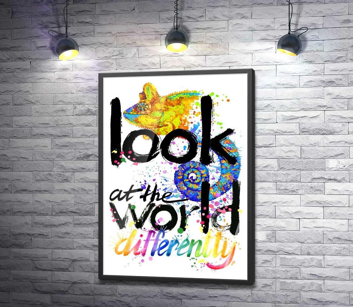 постер Напис "look at the world differently" з силуетом хамелеона