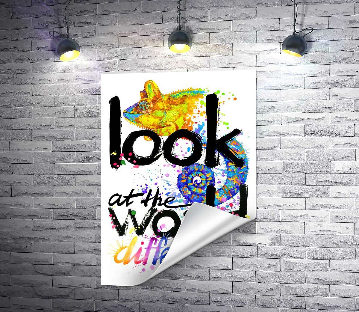 друк Напис "look at the world differently" з силуетом хамелеона
