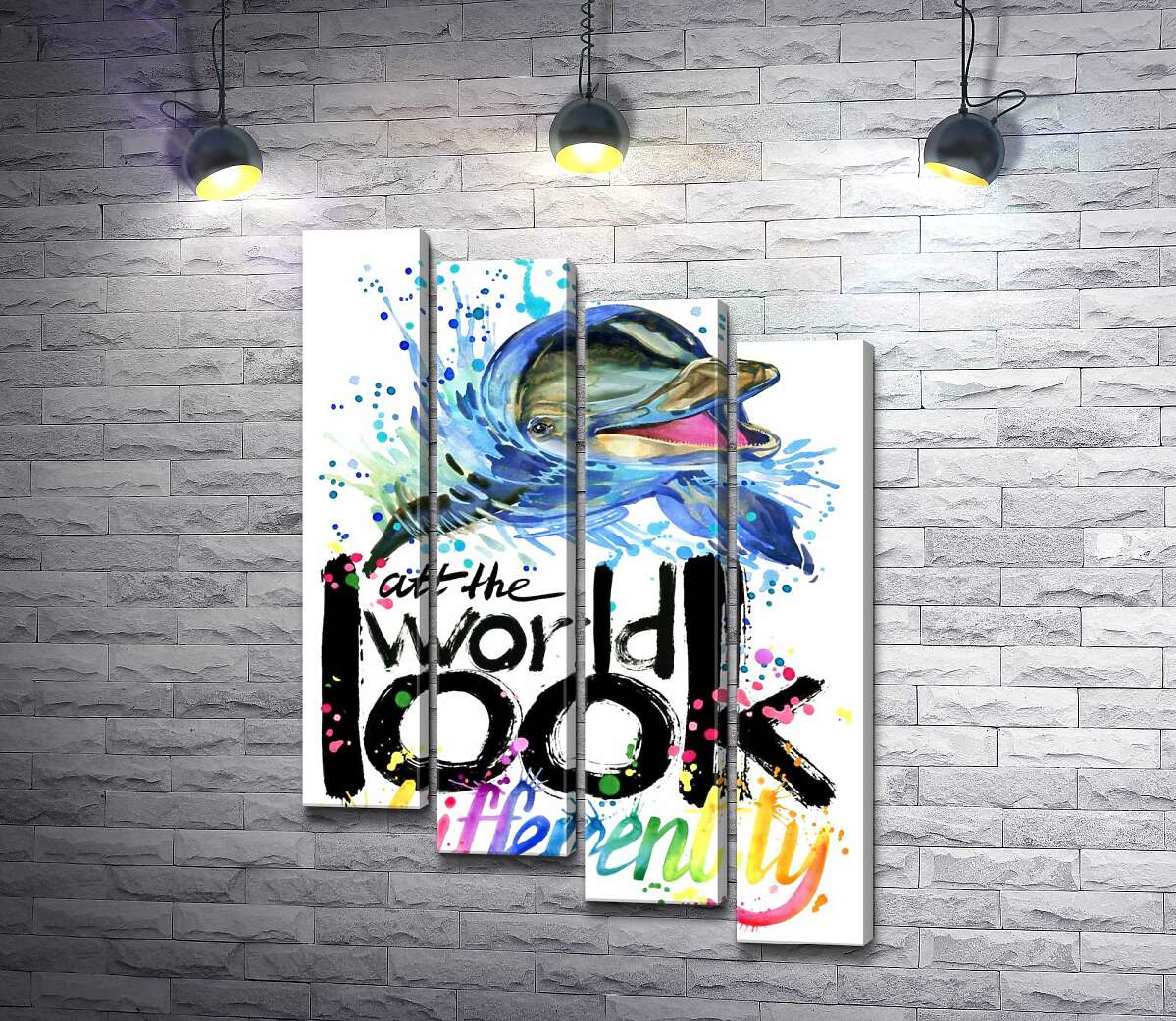 модульная картина Веселый дельфин с надписью "look at the world differently" (Модуль №19)