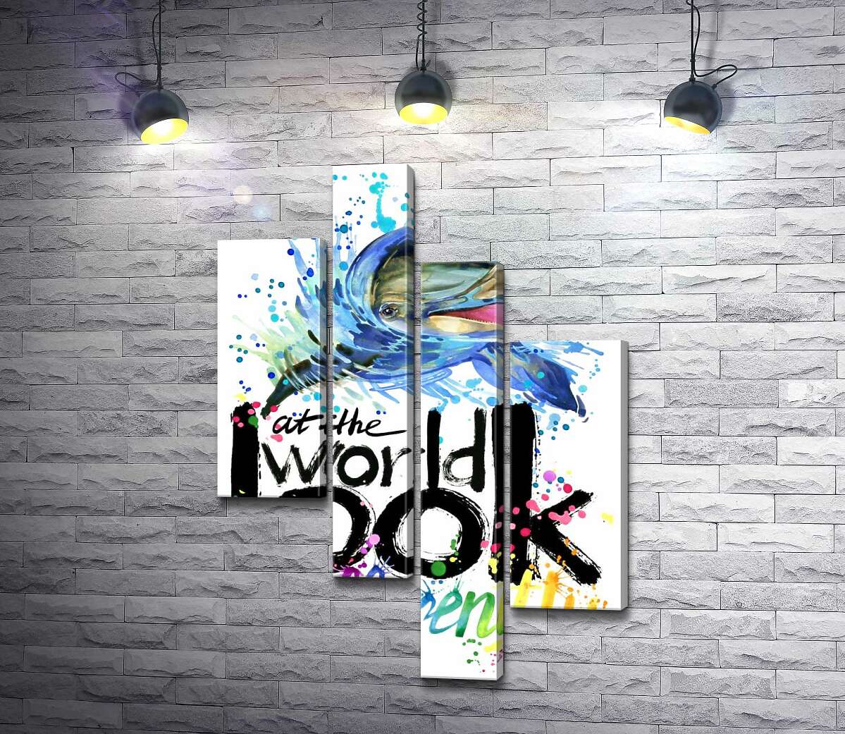 модульная картина Веселый дельфин с надписью "look at the world differently" (Модуль №21)