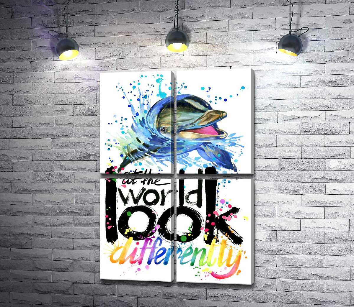 модульная картина Веселый дельфин с надписью "look at the world differently" (Модуль №25)