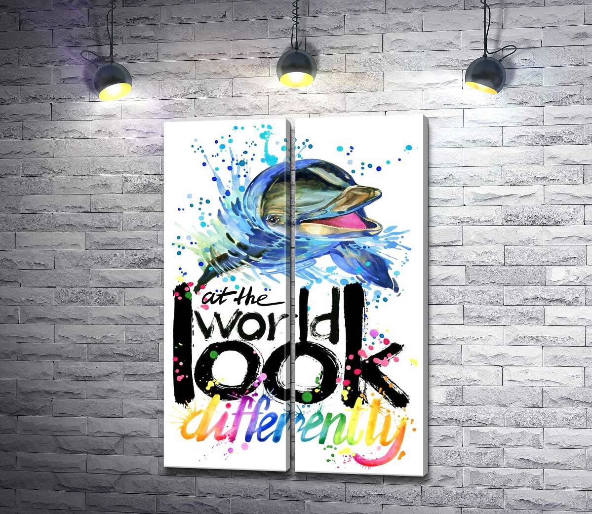 модульная картина Веселый дельфин с надписью "look at the world differently"