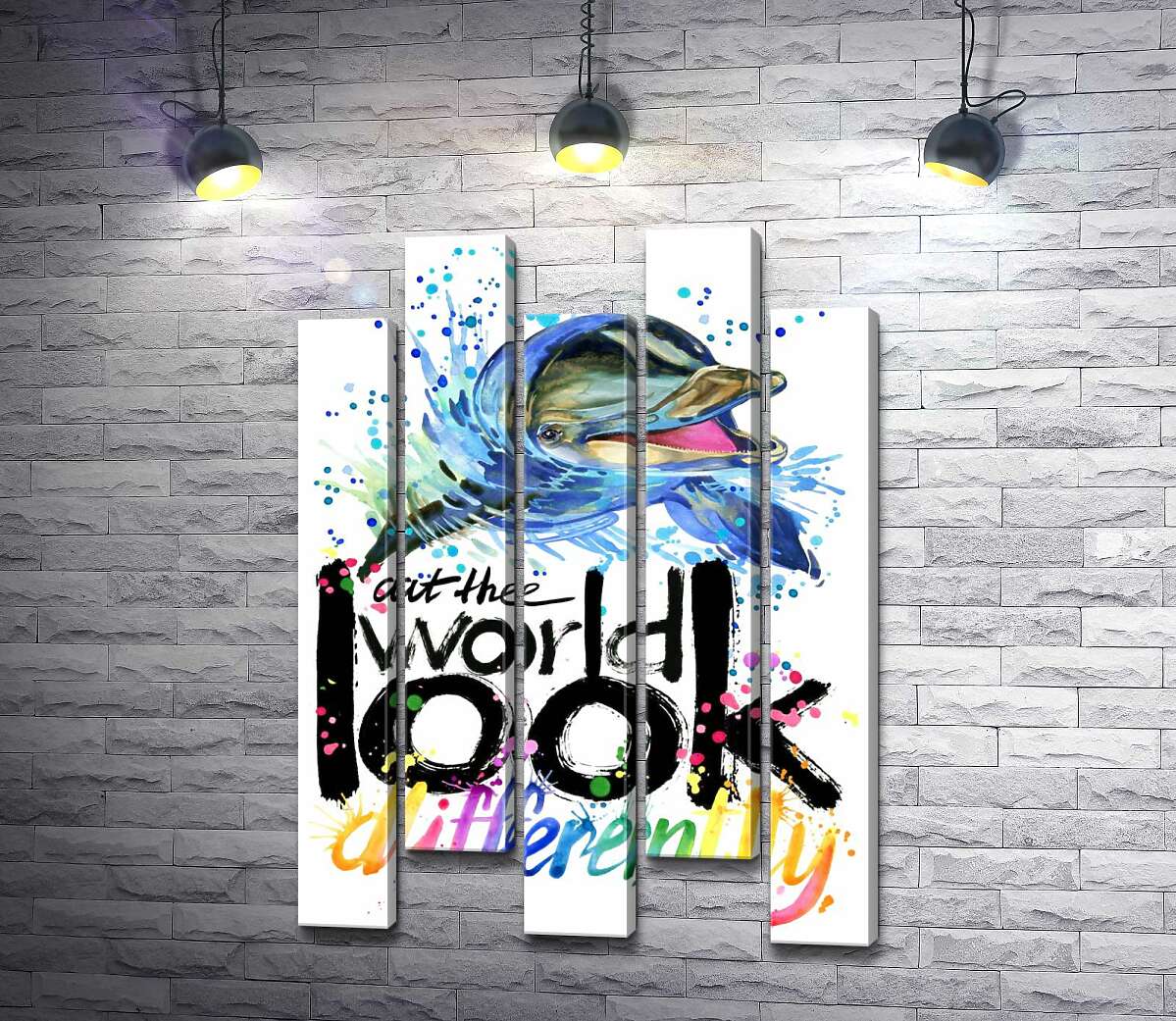 модульная картина Веселый дельфин с надписью "look at the world differently" (Модуль №30)