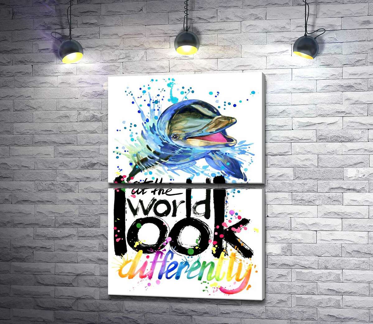модульная картина Веселый дельфин с надписью "look at the world differently" (Модуль №7)