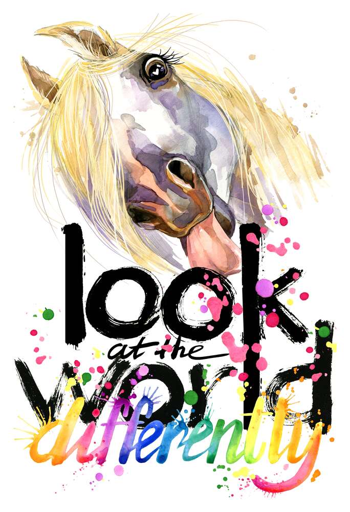 картина-постер Напис "look at the world differently" та білий кінь, що показує язик