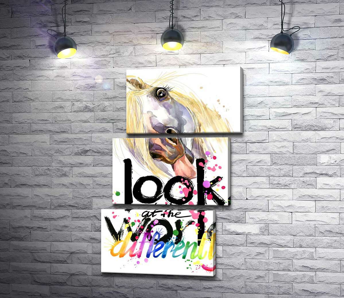 модульна картина Напис "look at the world differently" та білий кінь, що показує язик (Модуль №17)