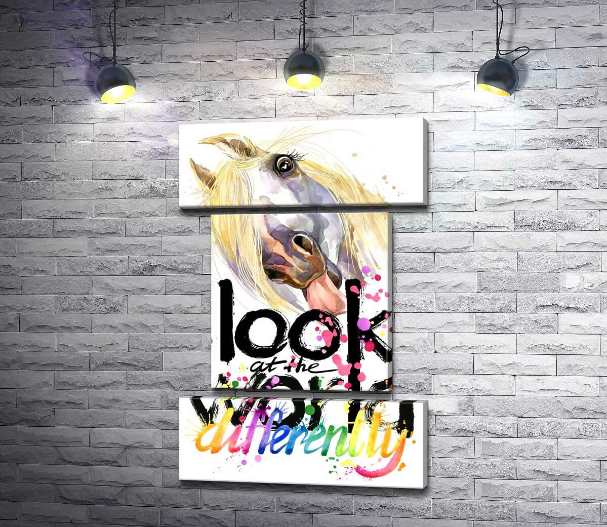 модульна картина Напис "look at the world differently" та білий кінь, що показує язик (Модуль №18)