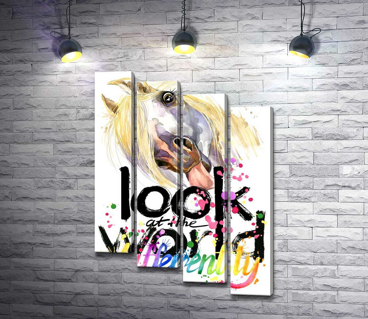 модульная картина Надпись "look at the world differently" и белая лошадь, показывающая язык (Модуль №19)