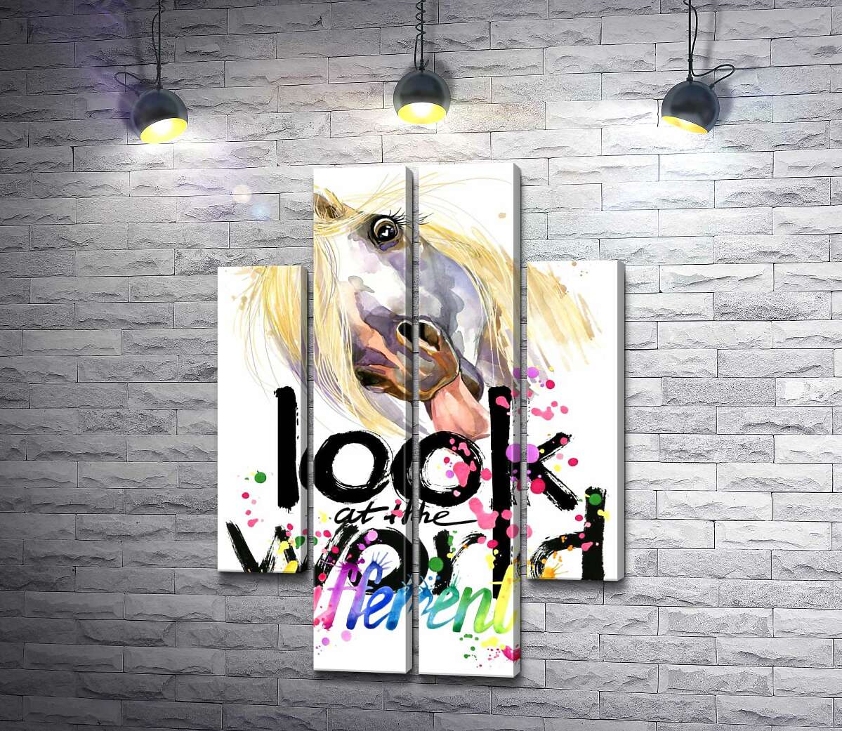 модульна картина Напис "look at the world differently" та білий кінь, що показує язик (Модуль №20)