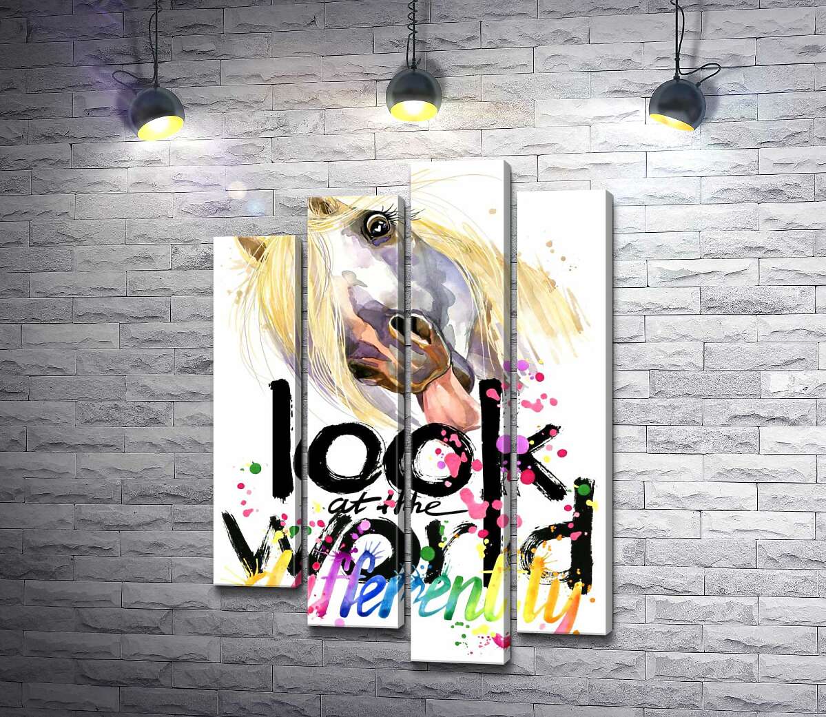 модульная картина Надпись "look at the world differently" и белая лошадь, показывающая язык (Модуль №3)