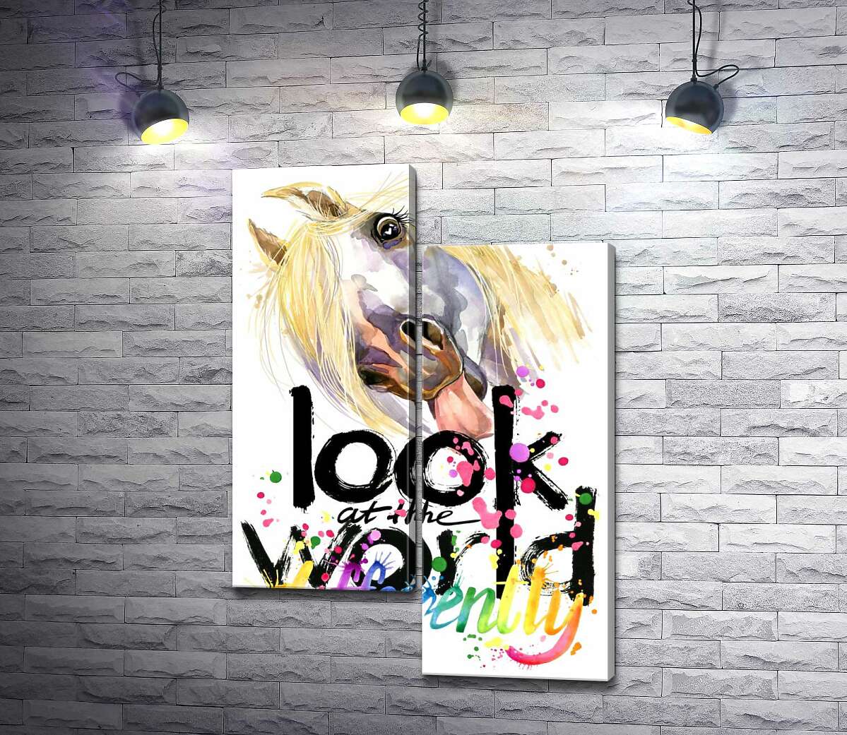 модульна картина Напис "look at the world differently" та білий кінь, що показує язик (Модуль №9)