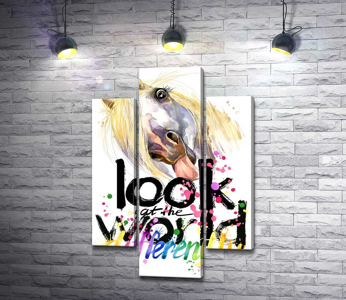 модульна картина Напис "look at the world differently" та білий кінь, що показує язик (Модуль №10)