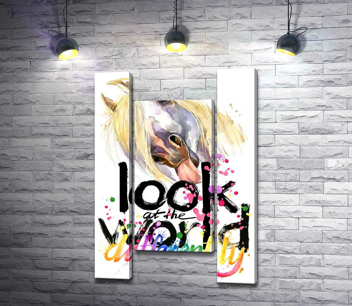 модульная картина Надпись "look at the world differently" и белая лошадь, показывающая язык (Модуль №11)