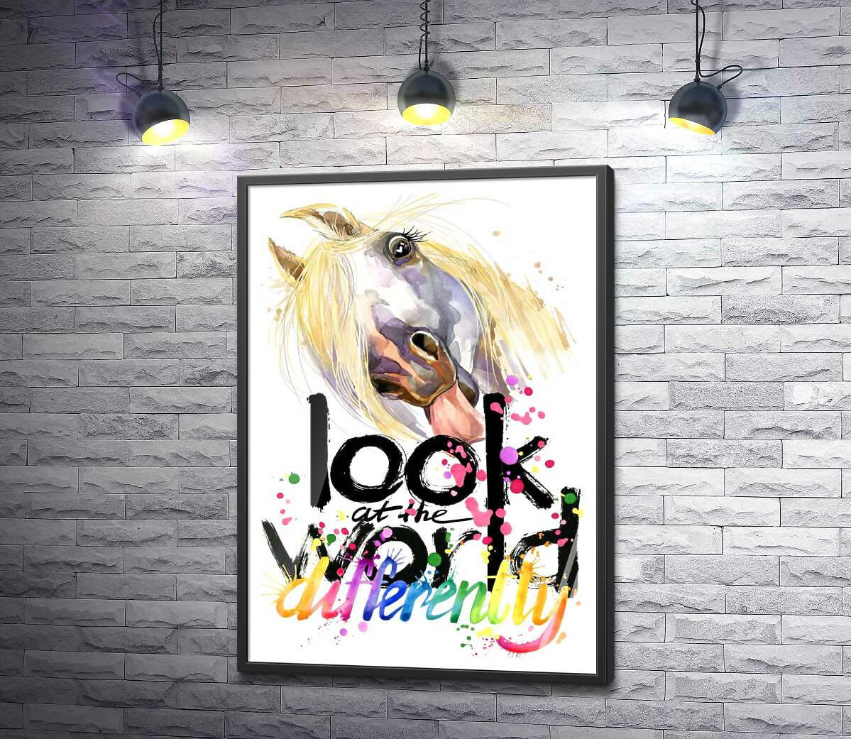 постер Напис "look at the world differently" та білий кінь, що показує язик
