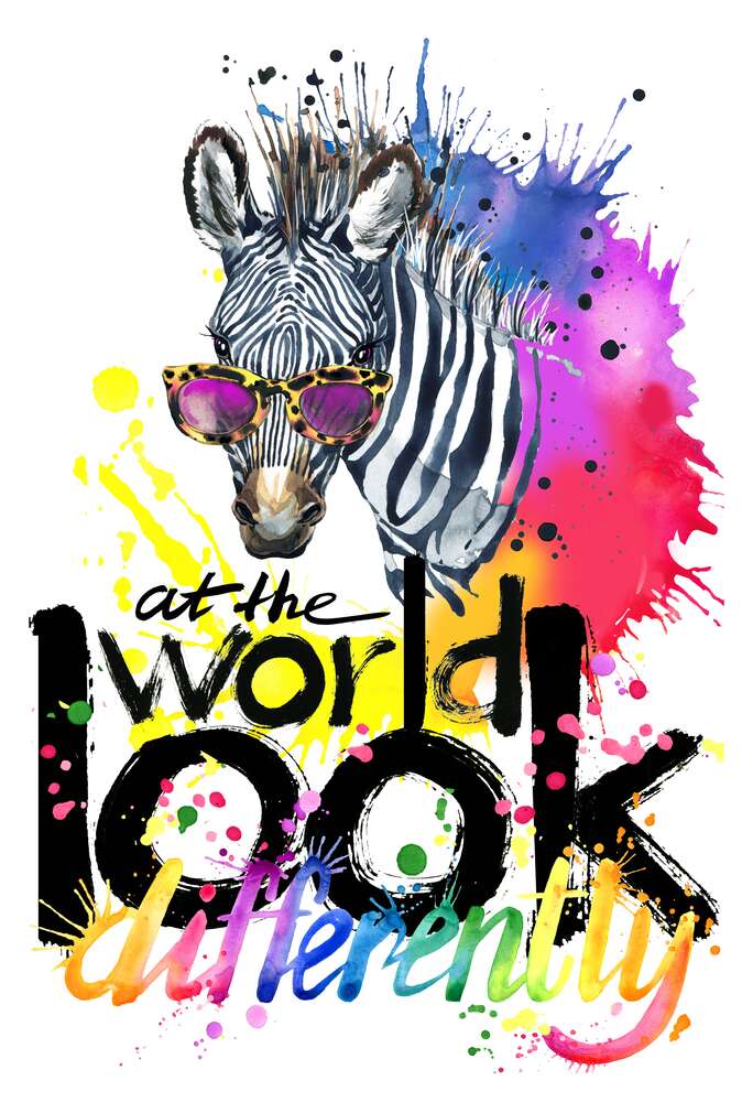 картина-постер Стильная зебра в очках с надписью "look at the world differently"