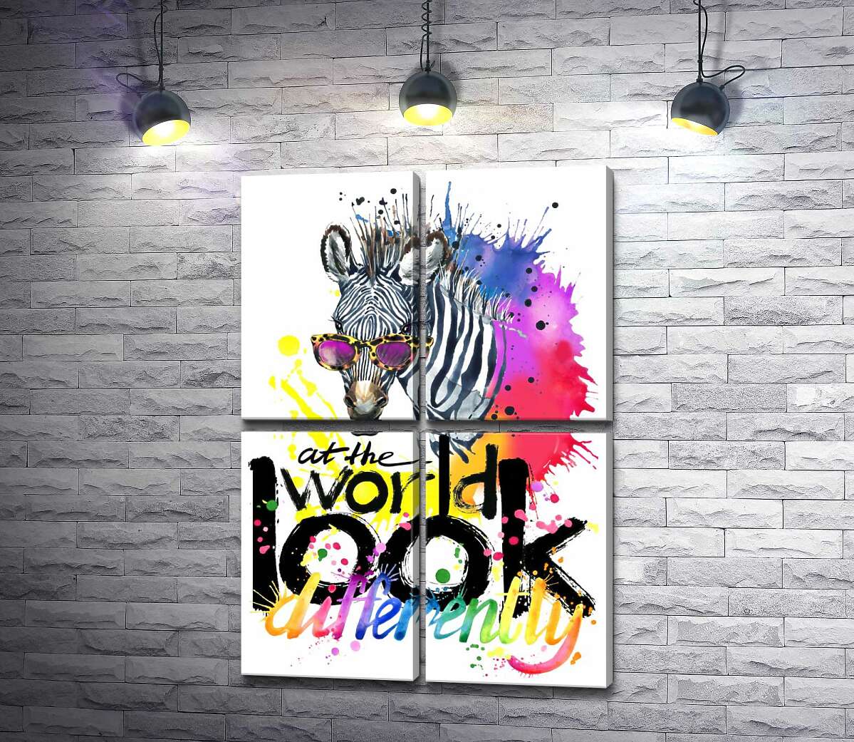 модульна картина Стильна зебра в окулярах з написом "look at the world differently" (Модуль №25)