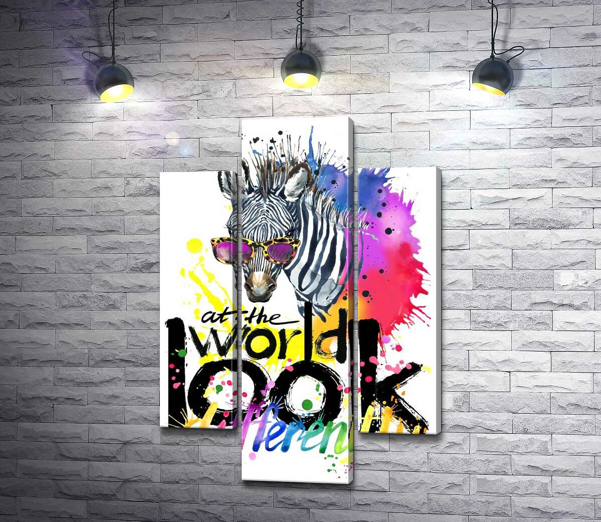 модульная картина Стильная зебра в очках с надписью "look at the world differently" (Модуль №10)