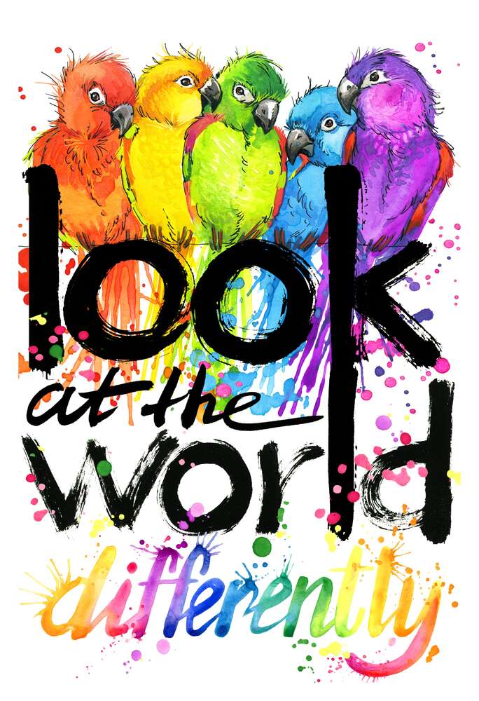 картина-постер Веселкові відтінки оперення папуг та напис "look at the world differently"